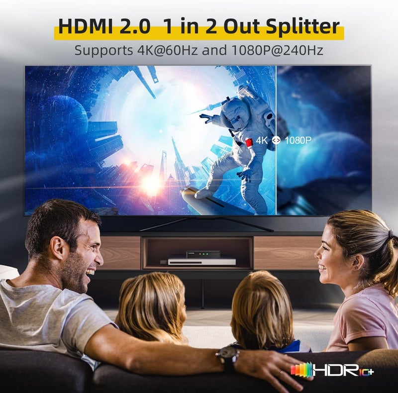 SHERRIVA 4K HDMI Splitter 1 in 2 Out – 4K@60Hz, 1080p@240Hz, HDMI 2.0, Mirror/Duplicate Screens, Auto Downscaling, EDID, 18Gbps, HDCP 2.3, Compatible with Dual Monitors, TV, PS4, Amplifier - Image 2